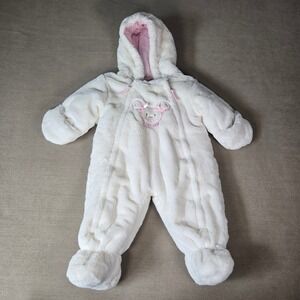 La Petite Rothschild Baby Snowsuit 6/9M Faux Fur Hooded Bear Applique White Pink